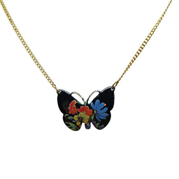 Enamel Butterfly Pendant on Vintage Choker Chain Necklace Gold Tone with Bright - Picture 3 of 4